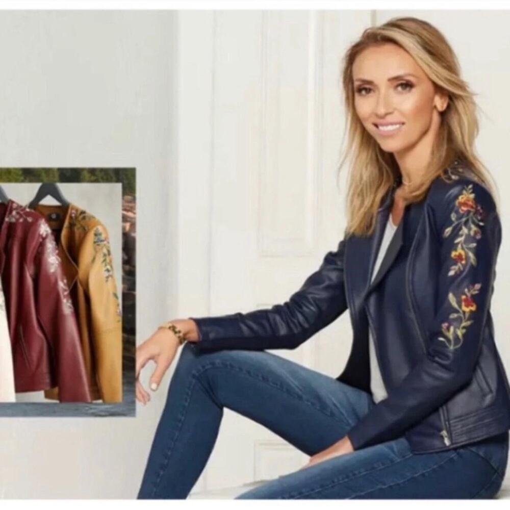 NWOT G Guilianna Tan Brown Faux Leather Moto Zip Up Jacket Embroidered Floral L
